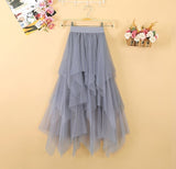 Women irregular Tulle Skirts Fashion Elastic High Waist Mesh Tutu Skirt Pleated Long Skirts Midi Skirt Saias Faldas Jupe Femmle