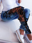 2019 Autumn Women Elegant Sexy Denim Pencil Skinny Jeans Female Fashion Plus Size 3XL XXXL Lace Floral Crochet Hollow-Out Jeans