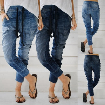 Women Denim Jeans Elastic Waist Bandage Harem Pants Plus Size Washed Jeans