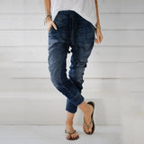 Women Denim Jeans Elastic Waist Bandage Harem Pants Plus Size Washed Jeans