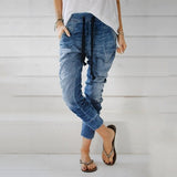 Women Denim Jeans Elastic Waist Bandage Harem Pants Plus Size Washed Jeans