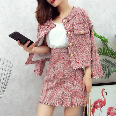 HAMALIEL High Quality Women 2 Piece Set Autumn Winter Red Tweed Tassel Single Breasted Jacket Coat + Fringe A Line Skirt Suits