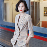 Woman Costume Pant Suit 2 Piece Office Trousers Set Suits the Feminine Khaki Plaid Blazer Jacket +Long Pant Suit Woman 808216