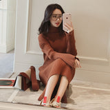 Korean Sweater Dress Women Knitted Sweaters Dresses Women Over-knee Sweater Dress Plus Size Split Turtleneck Sweaters Dresses OL