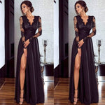 2019 Women Lace Long Sleeve V Neck Dress Evening Party Formal High Waist Maxi Dress