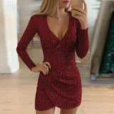 VIEUNSTA Women Hollow Out V-neck Slit Bodycon Dress Autumn Sexy Sequin Glitter Shiny Mini Dress Winter Long Sleeve Party Dress