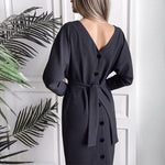 Women Vintage Front Button Sashes A-line Party Dress Long Sleeve Sexy Vneck Solid Elegant Mid Dress 2019 Autumn Fashion Dress