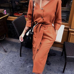 Women Vintage Front Button Sashes A-line Party Dress Long Sleeve Sexy Vneck Solid Elegant Mid Dress 2019 Autumn Fashion Dress