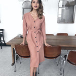 Women Vintage Front Button Sashes A-line Party Dress Long Sleeve Sexy Vneck Solid Elegant Mid Dress 2019 Autumn Fashion Dress