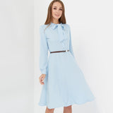 Women Casual Bow Tie Party Dress Ladies Long Sleeve a Line Elegant Dress 2019 New Fashion Women Knee Dress Vintage Solid Vestido