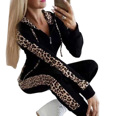 OEAK Autumn Winter Fashion Tracksuit Women Splice Fleece Leopard Print Coat With Hood Two Pieces Set Hoodies Long Pants Suit