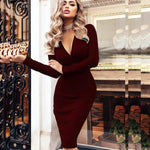 Women Vintage Sexy Bodycon Slim Party Dress Long Sleeve Deep V neck Solid Casual Elegant Dress 2019 Winter New Fashion Dress