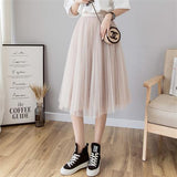 Tulle Skirt Women 2019 Summer A-line Midi Skirts Elastic High Waist Long Mesh Tutu Pleated Skirts For School Girl Korean