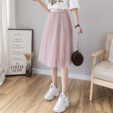 Tulle Skirt Women 2019 Summer A-line Midi Skirts Elastic High Waist Long Mesh Tutu Pleated Skirts For School Girl Korean