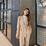 Autumn Winter Women Lace Up Pant Suit Notched Blazer Jacket & Pant Office Wear Suits Female Sets