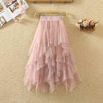 Women irregular Tulle Skirts Fashion Elastic High Waist Mesh Tutu Skirt Pleated Long Skirts Midi Skirt Saias Faldas Jupe Femmle