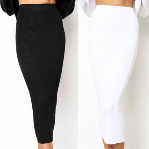 Bigsweety Women Knitted Bodycon Long Skirt Fashion Sexy Black White High Waist Pencil Skirts Female Elastic Skirts Club Wear