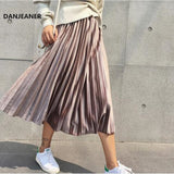 Danjeaner Spring 2019 Women Long Metallic Silver Maxi Pleated Skirt Midi Skirt High Waist Elascity Casual Party Skirt Vintage